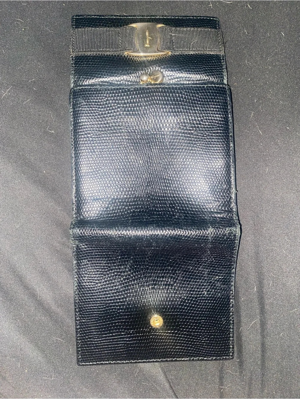Ferragamo Ribbon collection snake skin blackFold Wallet with Gold Accent